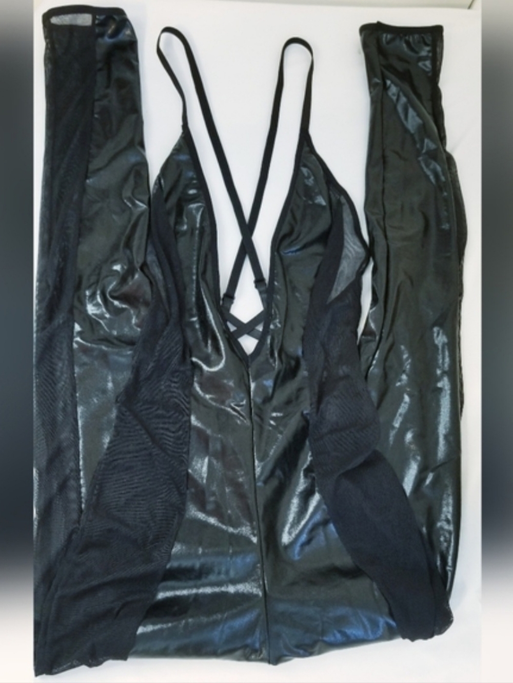 Seven 'til Midnight Black Sheer Mesh Panel Faux Leather Jumpsuit Intimates